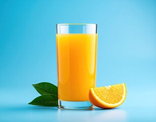 Orange Juice, Orange Slice, and Green Leaves on Blue Background