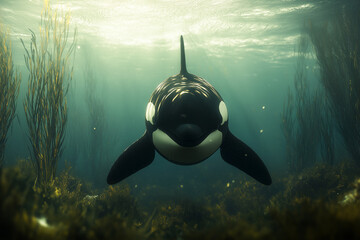Obraz premium Orca whale swimming gracefully underwater in a serene marine habitat, showcasing ocean wildlife beauty