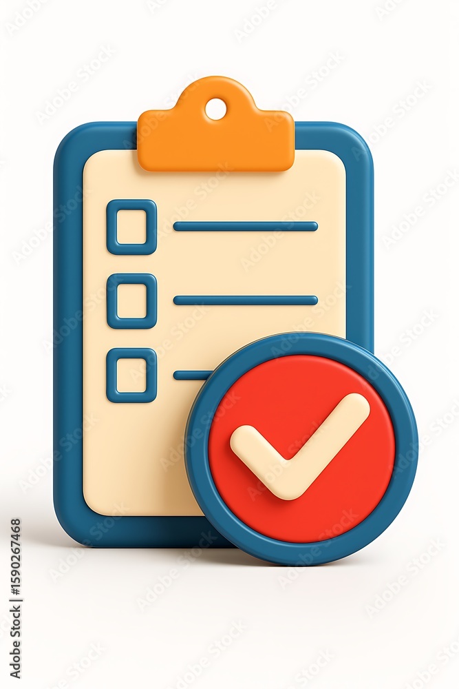 Poster 3d checklist icon with a completed task and checkmark isolated on white background