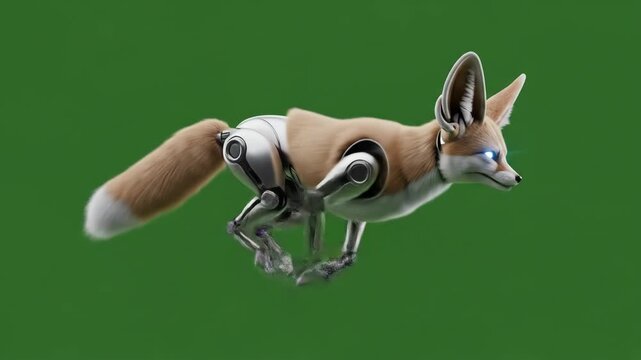 Futuristic Cyborg Fennec Fox Leaping on Green Screen with Glowing Blue Eyes