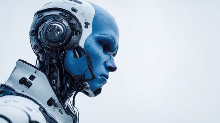 Hyper-realistic futuristic humanoid character with detailed cybernetic features, space for text