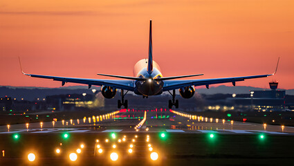 Airplane Landing Runway Lights Dusk Orange Sky Passenger Jet Aircraft Approach Airport