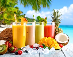 Colorful Fruit Smoothies on a Tropical Beach