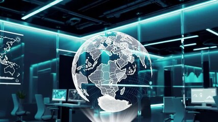 Futuristic data center with rotating digital globe in hightech control room - Powered by Adobe