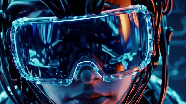Futuristic cybernetic human with neon visor in advanced technology environment