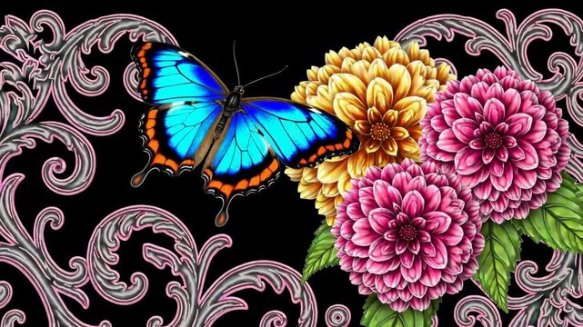 Vibrant blue butterflies dancing among blooming flowers with intricate scrollwork