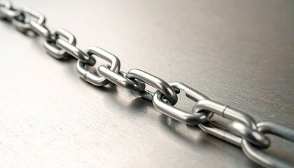 Fototapeta premium Macro shot of a silver chain against a textured metal surface. Symbolizing strength, connection, and industrial themes. Great for business and conceptual designs.