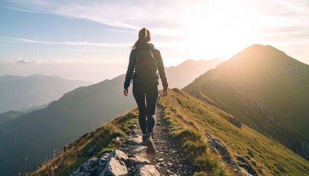 A woman hikes along a mountain ridge at sunset, symbolizing freedom and adventure. The scenic landscape evokes a sense of accomplishment and resilience.