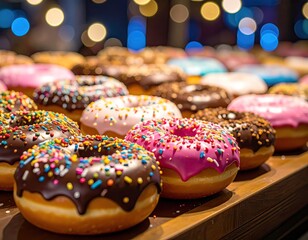 Donuts Display with Chocolate Glaze and Sprinkles