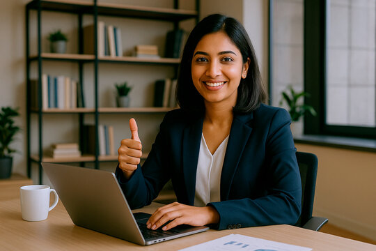 Smiling Indian Woman in Business Attire Giving Thumbs Up in Office
