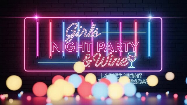 Neon sign Girls Night Party Wine Ladies Night Every Thursday glowing brick wall background with bokeh lights celebration event entertainment bar club atmosphere vibrant nightlife 4K Ai HD video.