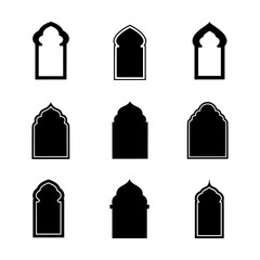 Collection of Minimalist Black Islamic Arch Silhouettes Representing Muslim Culture and Architectural Design in Simple Graphic Forms