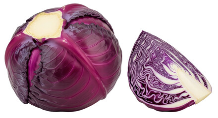 Isolated Red Cabbage Head and Slice