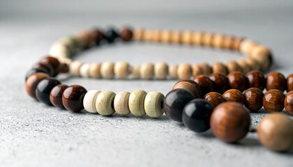 A minimalist close-up shows strands of wooden prayer beads (malas) in varied brown tones, subtly blurred in the background, on a textured grey surface.