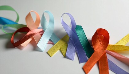 A close-up view of multiple soft pastel-colored awareness ribbons arranged in a flowing line on a white background, symbolizing various causes.