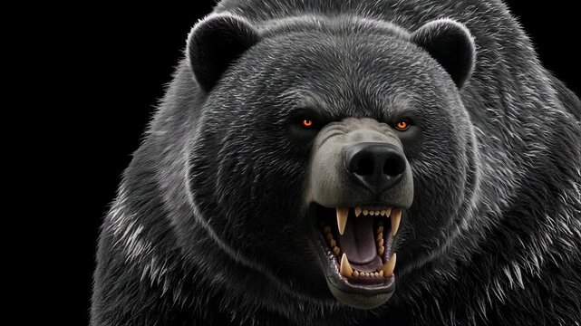 Close up of a scary wild bear roaring with fangs, red glowing eyes, dark fur. Angry animal attacking in footage.