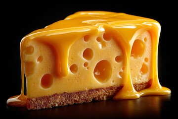 Close-up of a Swiss Cheese Slice Topped with Creamy Orange Sauce on Black Background