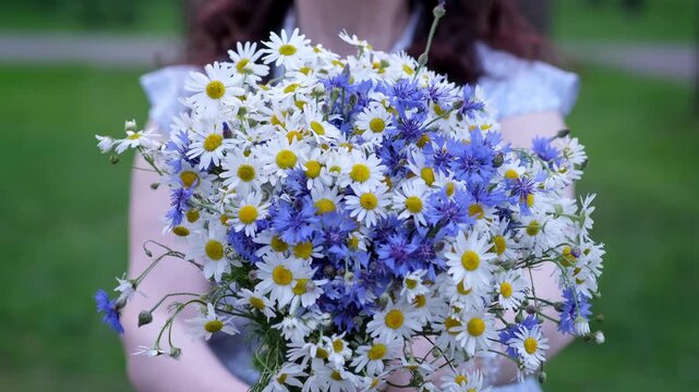 A woman holds a bouquet of beautiful cornflowers and daisies and gives it to the viewer. Video 4k