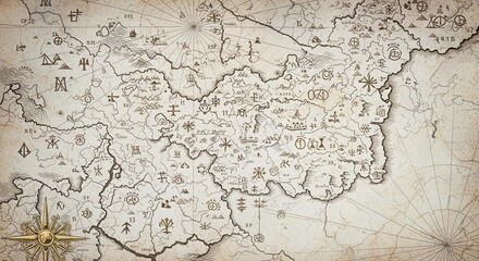 Antique-style map depicting a fictional land, featuring hand-drawn symbols and a compass rose.