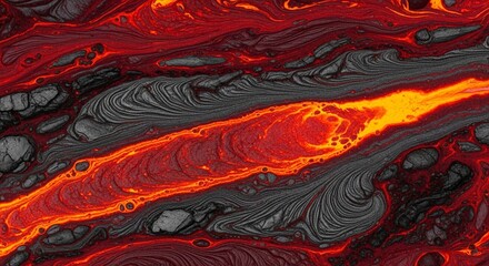Close-up view of flowing molten lava with swirling patterns and fiery colors.