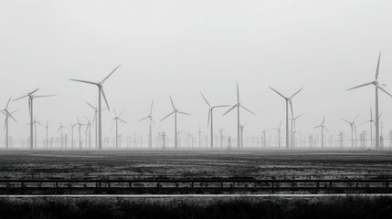 Grey wind turbines in a misty field