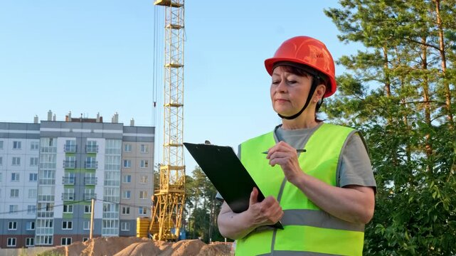 Female engineer in a construction helmet makes changes to working documentation 4k video.