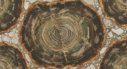 Close-up view of several circular, petrified wood cross-sections, showcasing intricate patterns.