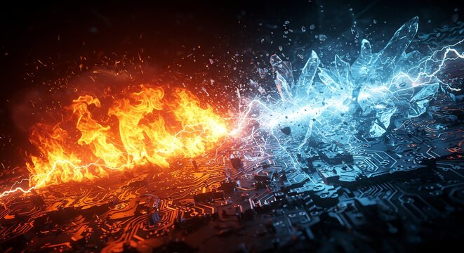 Fiery Inferno vs. Glacial Freeze: Digital Circuit Board Clash