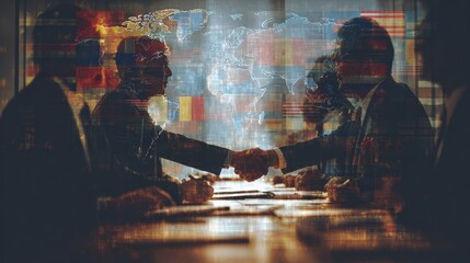 International business negotiation scene with digital contract floating in focus, blurred background