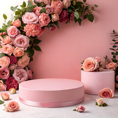 Romantic product display scene featuring a circular pink podium surrounded by lush