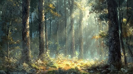 Obraz premium Enchanting Sunlight Piercing a Mystical Forest