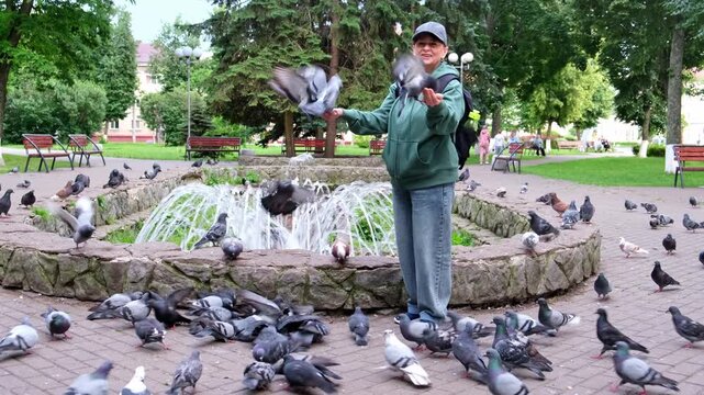 Beautiful woman feeding pigeons in the park near the fountain. A moment of unity with nature. Video 4k