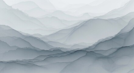 Abstract watercolor painting depicting layered, undulating, and misty mountain ranges with soft gradients.