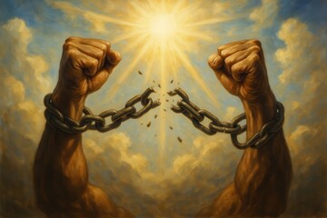 Powerful hands breaking metallic chains against dramatic sky symbolizing freedom and liberation