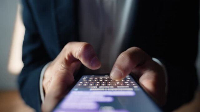 Man hands chatting smartphone online macro closeup. User typing text message