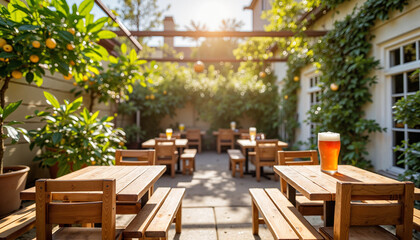 Botanical oasis with reclaimed wooden tables among potted lemon trees preparing for Oktoberfest