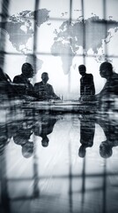 International business negotiation scene with digital contract floating in focus, blurred background