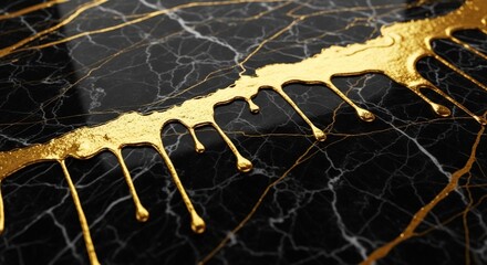 Golden drips on black marble surface, detailed close-up view.