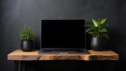 Dark Gray Wall Minimalist Workspace Laptop Black Pots Green Plants Wooden Table computer