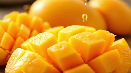 A close up shot of a mango being cut into cubes with a knife showing the juicy texture of the fruit
