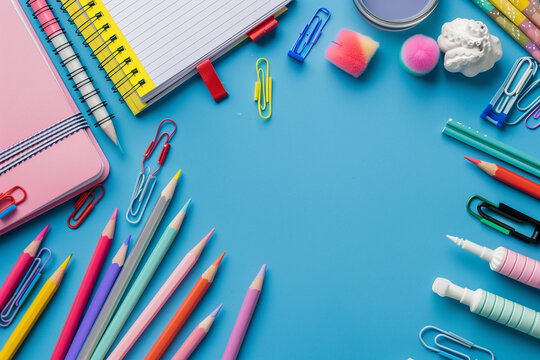 School Supplies Arranged Around Blue Background with Pastel Pencils, Notebooks, Erasers, Clips and Creative Copy Space
