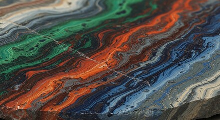 Close-up view of a colorful, layered, and patterned stone surface with various hues.