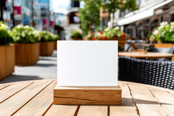 Blank tabletop menu card with wooden stand placed on an outdoor cafe table in a sunny pedestrian street