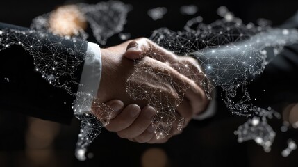 International business negotiation scene with digital contract floating in focus, blurred background