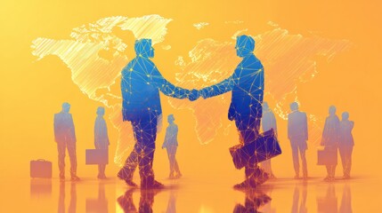 International business negotiation scene with digital contract floating in focus, blurred background