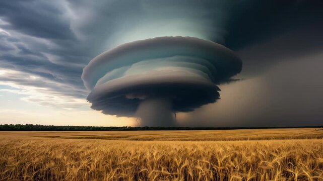 Fixed camera angle of dramatic thunderclouds forming on the horizon above a wheat field
