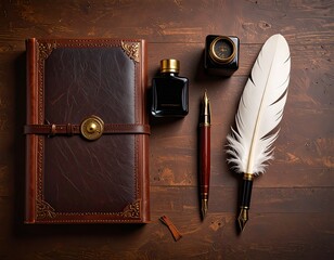 Leather Journal with Feather Quill Pen and Inkwell