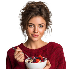 Woman eating oatmeal with berries healthy breakfast food nutrition  isolated on transparent background