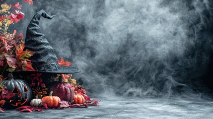 A witch's hat sits atop autumnal gourds and foliage, shrouded in mystical smoke against a dark backdrop.  The scene evokes a Halloween or fall atmosphere