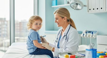Fototapeta premium A female doctor examines a young boy in a brightly lit office with medical equipment and toys present